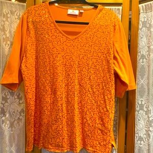 Sequin Front Elbow Sleeve V-neck T-shirt